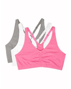 Fruit of the Loom womens Adjustable Shirred Front Racerback Sports Bra, Neon Pink HeatherWhitegrey - 3-pack, 44 US