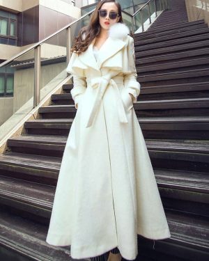 Full Length Flared Woolen Coat White Faux Fur Collar Classic Lapel Belted Slim A-line Winter Maxi Coat 2025