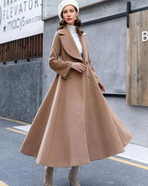Full Length Woolen Coat For Woman Flared Deep Apricot Classic Large Lapel A-line Winter Maxi Outerwear 2025