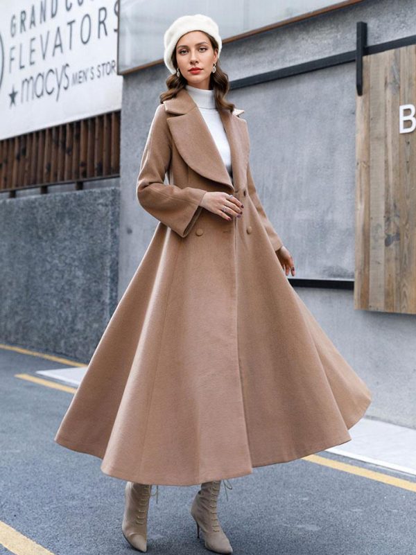 Full Length Woolen Coat For Woman Flared Deep Apricot Classic Large Lapel A-line Winter Maxi Outerwear 2025