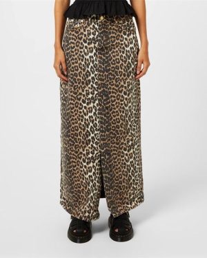 GANNI Leopard Denim Maxi Slit Skirt - Beige