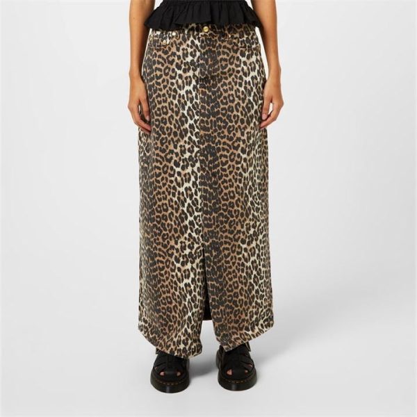 GANNI Leopard Denim Maxi Slit Skirt - Beige