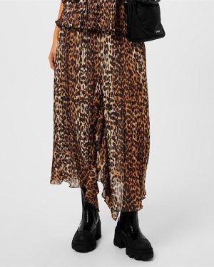 GANNI Leopard Pleated Georgette Midi Flounce Skirt - Beige