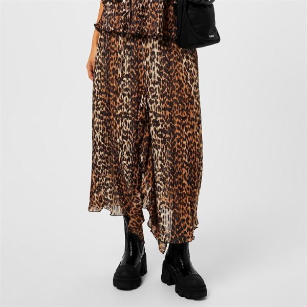 GANNI Leopard Pleated Georgette Midi Flounce Skirt - Beige