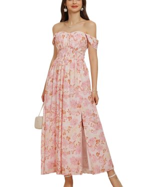 GRACE KARIN Women Summer Floral Dress Off-Shoulder Chiffon A Maxi Pink