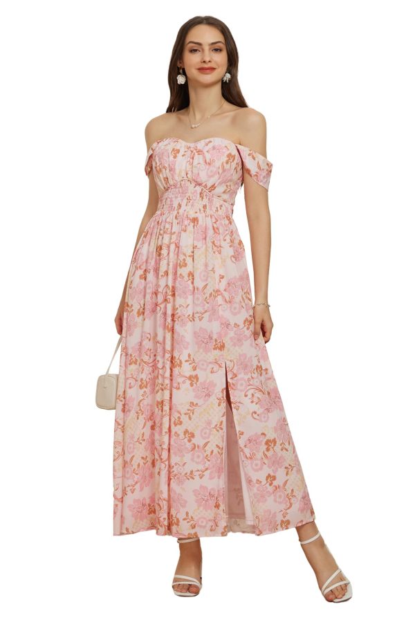 GRACE KARIN Women Summer Floral Dress Off-Shoulder Chiffon A Maxi Pink