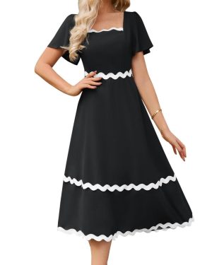 GRACE KARIN Women's A-Line Midi Dress Ruffle Sleeve Back Tie Black