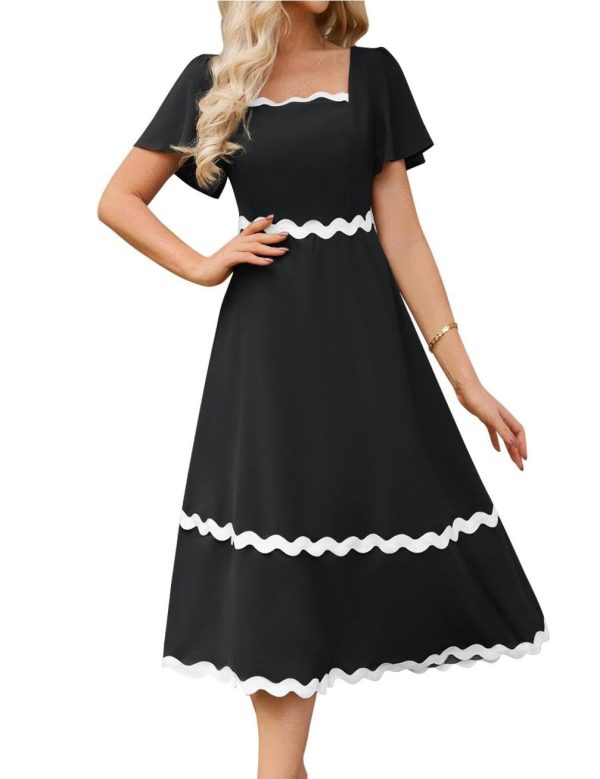 GRACE KARIN Women's A-Line Midi Dress Ruffle Sleeve Back Tie Black