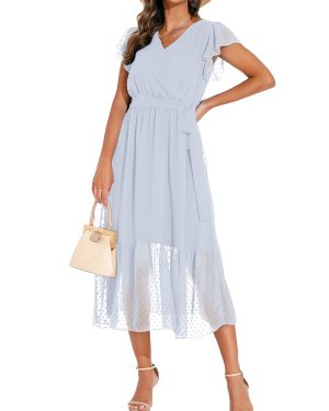 GRECERELLE Womens Summer Wrap Dress Chiffon Cute Casual V Maxi Blue,