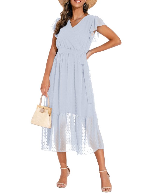 GRECERELLE Womens Summer Wrap Dress Chiffon Cute Casual V Maxi Blue,