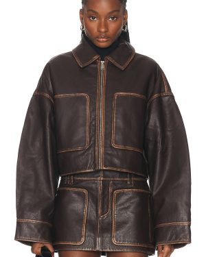 GRLFRND Cropped Leather Patch Pocket Jacket in Brown - Brown. Size L (also in M, S, XL, XXS).