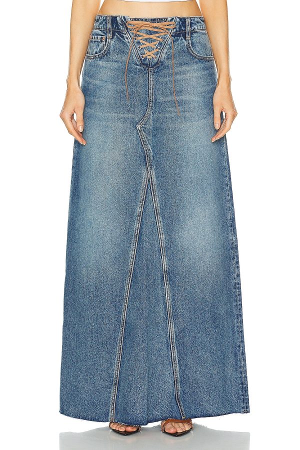 GRLFRND Indira Laced Maxi Skirt in Nashville - Denim-Medium. Size 24 (also in ).