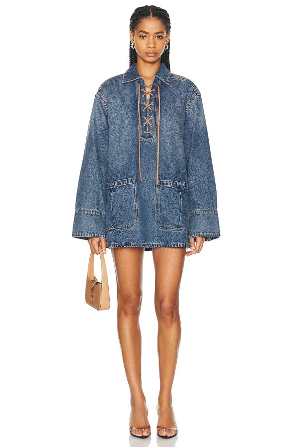 GRLFRND Marisa Laced Tunic Dress in Nashville Suede - Denim-Medium. Size L (also in S).