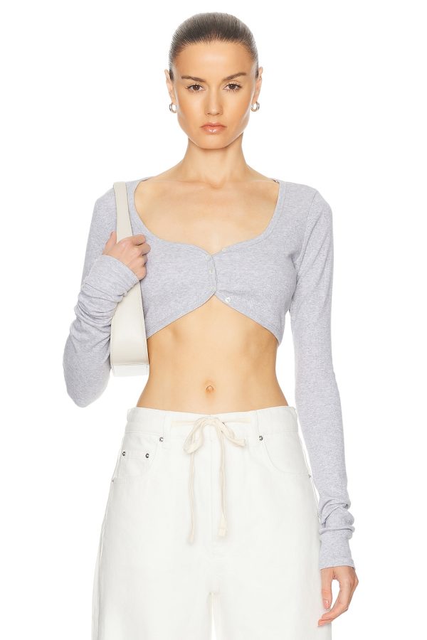GRLFRND Rib Button Through Crop Top in Heather Grey - Grey. Size L (also in S, XL, XXS).