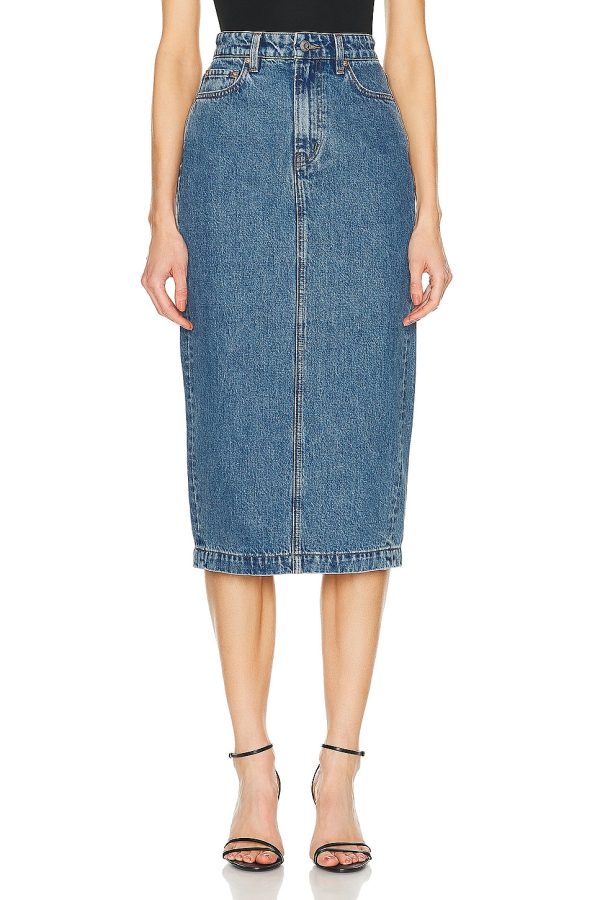 GRLFRND Robin Midi Pencil Skirt in Inwood Hill - Denim-Medium. Size 23 (also in 24).