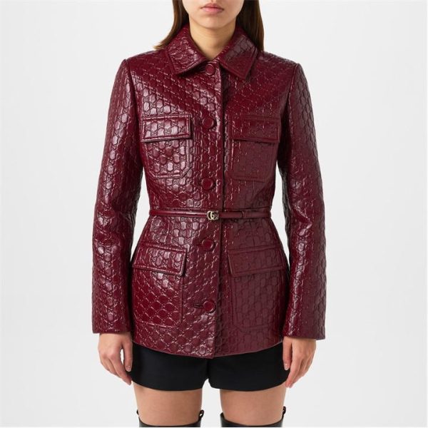GUCCI Gg Embossed Leather Jacket - Red