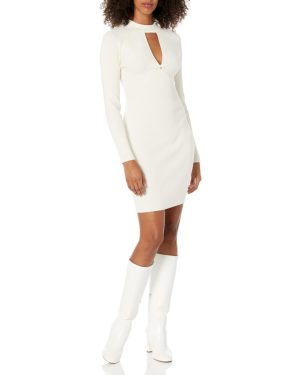 GUESS Women's Long Sleeve Mock Neck Cut Out Cambria Dress Dove White