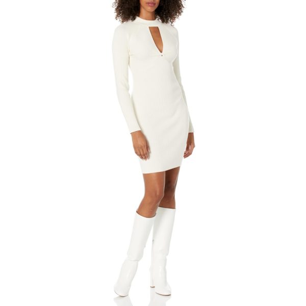 GUESS Women's Long Sleeve Mock Neck Cut Out Cambria Dress Dove White