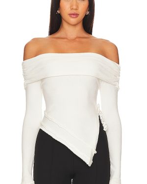GUIZIO Soler Fold Over Knit Top in White. Size M, S, XL, XS, XXS.