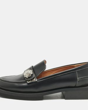 Ganni Black Leather Crystal Embellished Slip On Loafers Size 36