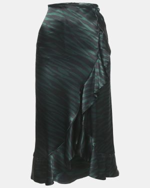 Ganni Black/Green Animal Print Satin Ruffled Midi Skirt XS