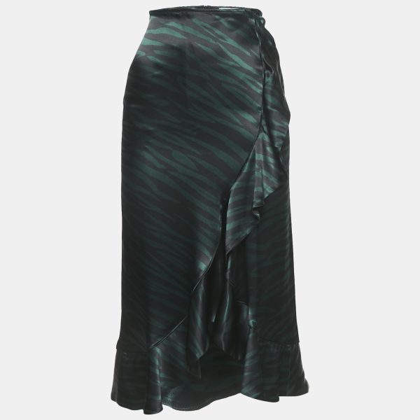 Ganni Black/Green Animal Print Satin Ruffled Midi Skirt XS