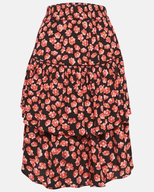 Ganni Black/Red Floral Print Lindale Crepe Tiered Short Skirt L
