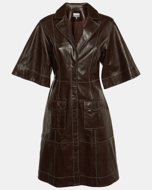 Ganni Brown Leather Midi Shirt Dress M