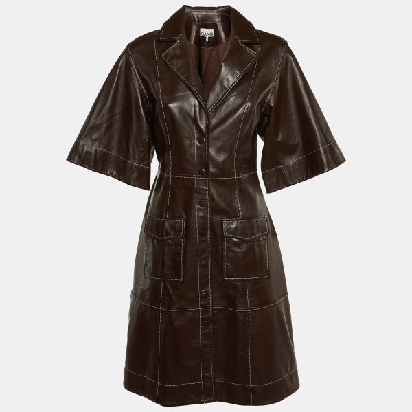 Ganni Brown Leather Midi Shirt Dress M