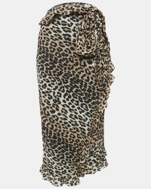 Ganni Brown Leopard Print Mesh Ruffled Wrap Seedpearl Skirt L