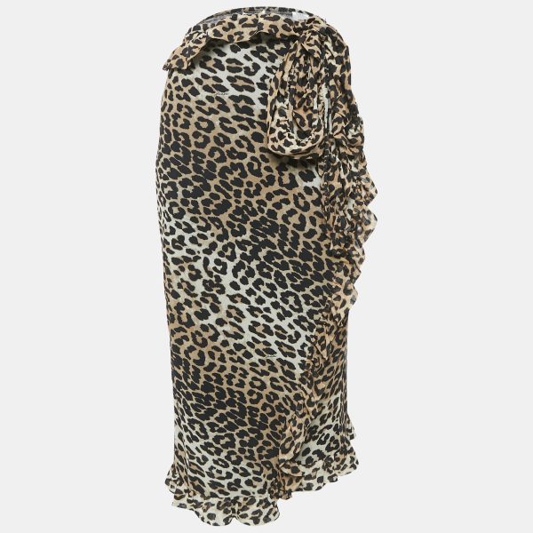 Ganni Brown Leopard Print Mesh Ruffled Wrap Seedpearl Skirt L