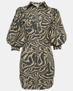 Ganni Brown Zebra Print Cotton Puff-Sleeve Mini Shirt Dress XS