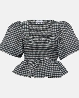 Ganni Checked seersucker peplum top