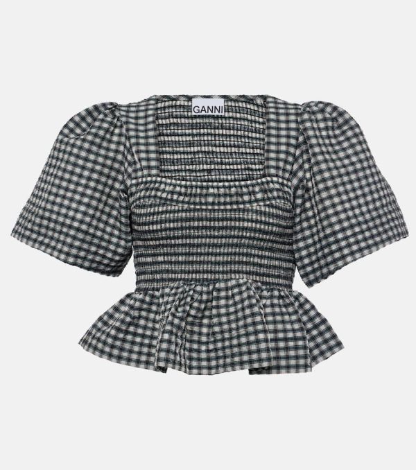 Ganni Checked seersucker peplum top