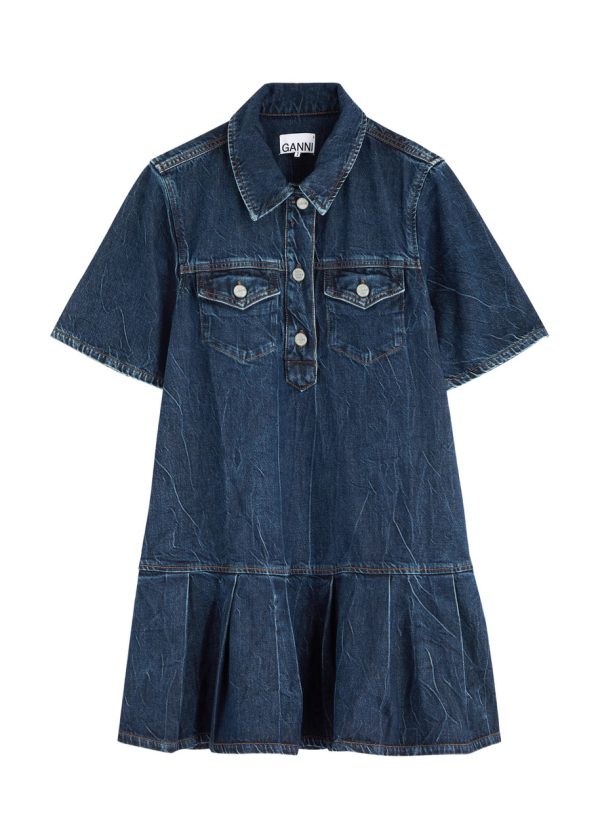 Ganni Crinkled-effect Denim Mini Dress - 44 (UK16 / XL)