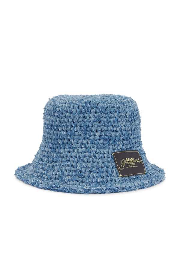 Ganni Denim Handknit Bucket Hat in Light Indigo - Blue. Size all.