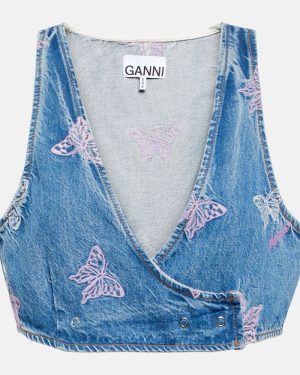 Ganni Embroidered denim crop top