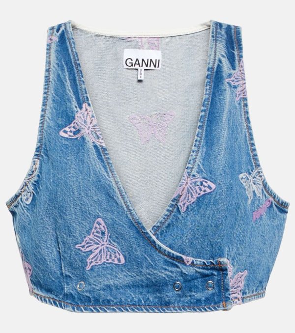 Ganni Embroidered denim crop top