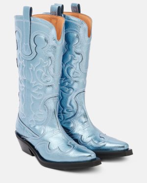 Ganni Embroidered metallic cowboy boots