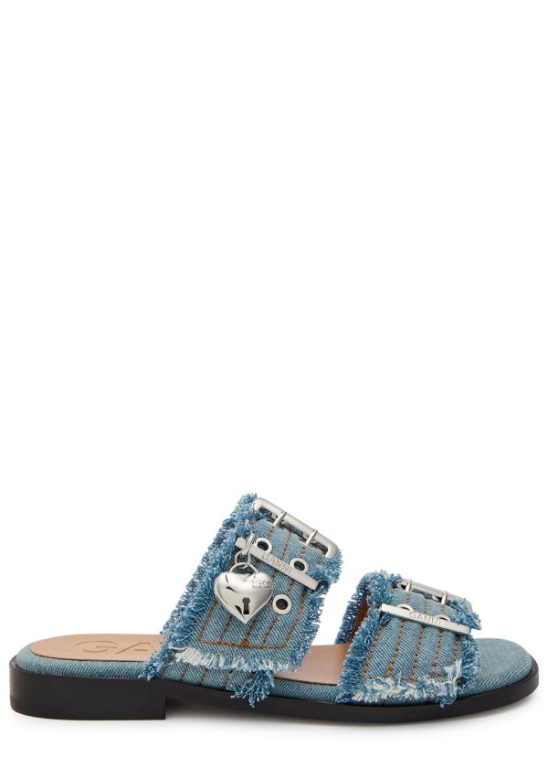 Ganni Feminine Buckle Ballerina Denim Sliders - 40 (IT40/ UK7)