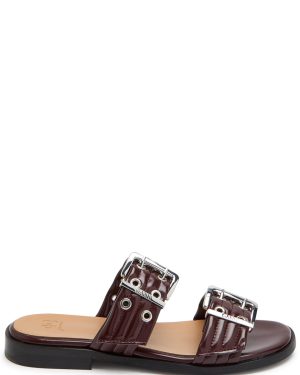 Ganni Feminine Buckle Faux Leather Sliders - Burgundy - 36 (IT36/ UK3)