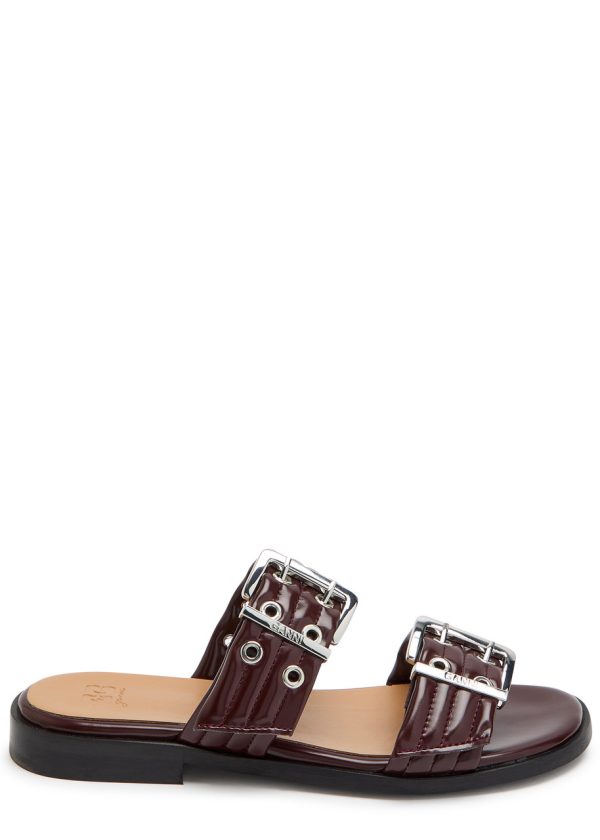Ganni Feminine Buckle Faux Leather Sliders - Burgundy - 36 (IT36/ UK3)