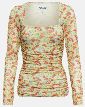 Ganni Floral-print mesh top