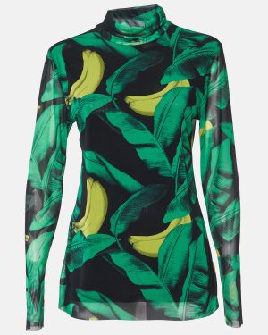 Ganni Green Banana Print Mesh Turtle Neck Top L