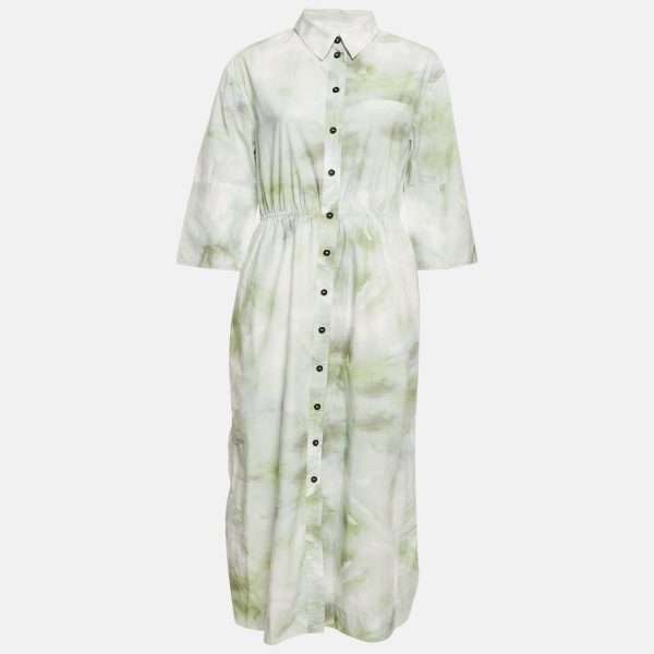 Ganni Green Tie-Dye Print Button Front Long Shirt Dress M