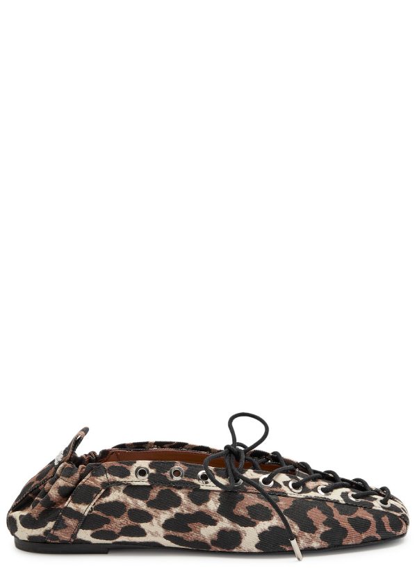 Ganni Leopard Eyelet-embellished Canvas Ballet Flats - 39 (IT39/ UK6)