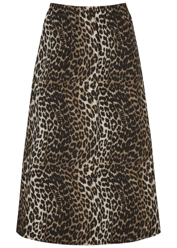 Ganni Leopard-print Cotton-poplin Midi Skirt - 16