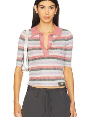 Ganni Light Sparkle Rib Polo Top in Red. Size M, S, XS.