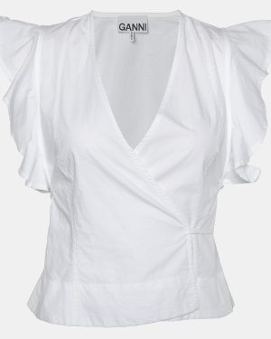 Ganni White Cotton Cap Sleeves Wrap Top XXS