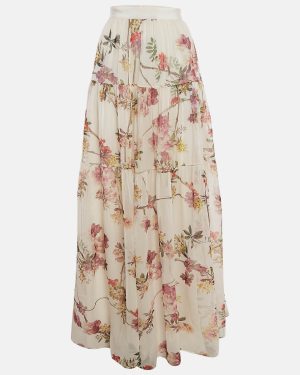 Giambattista Valli Off White Floral Print Chiffon Silk Maxi Skirt M
